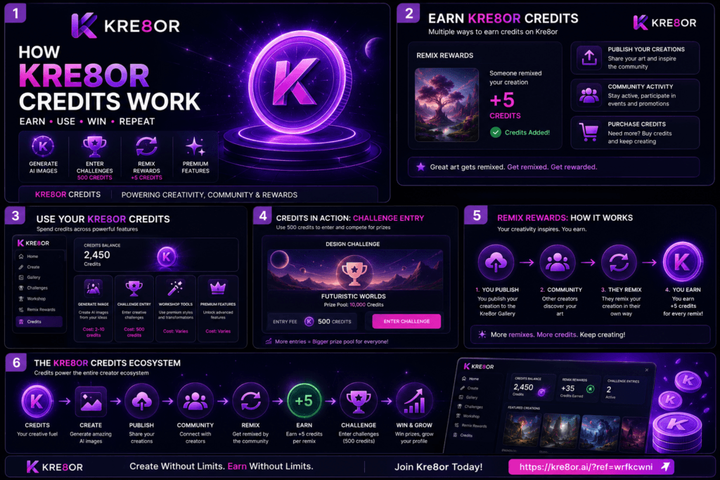 Ways to earn Kre8or credits through remix rewards and community participation