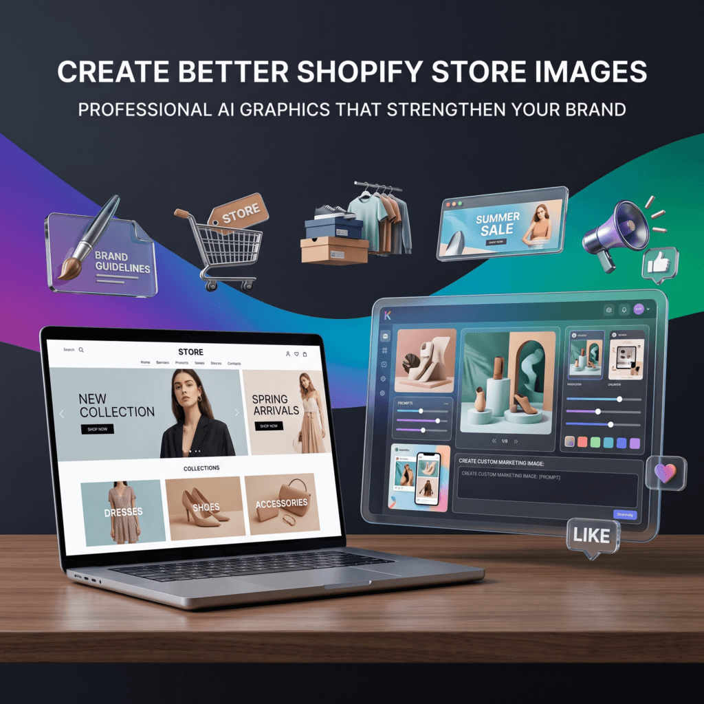 Modern AI-powered eCommerce workspace showing how Kre8or can create professional Shopify banners, collection graphics, lifestyle images, and branded marketing visuals for online stores.