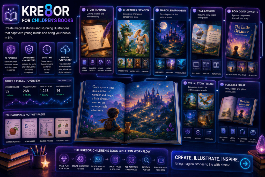 Children’s book illustration workflow created with Kre8or showing consistent characters, story scenes, environments, cover concepts, and visual planning.