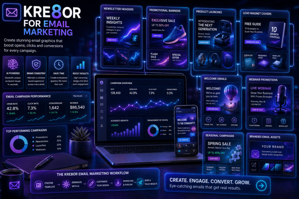 Email marketing graphics created with Kre8or showing newsletter headers, promotional banners, launch visuals, lead magnets, and branded campaign content.