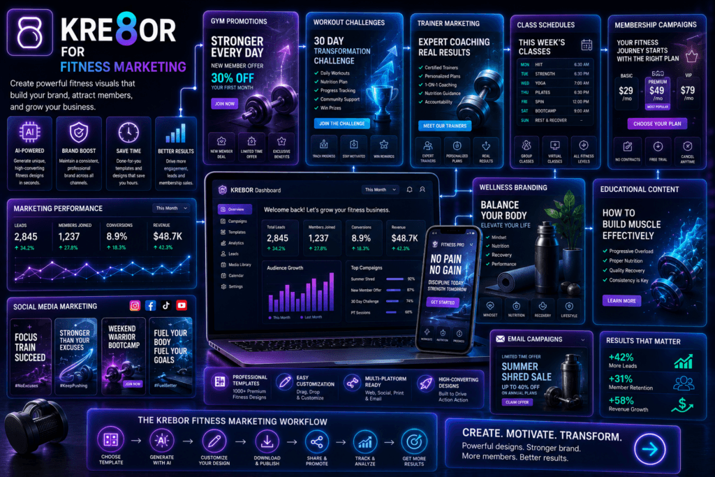 Fitness business marketing graphics created with Kre8or showing class promotions, challenge campaigns, personal trainer branding, and social media content.