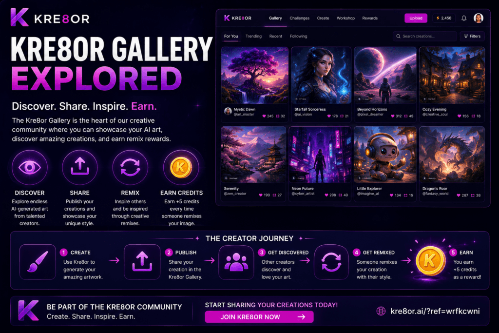 Kre8or Gallery showcasing AI-generated artwork and creator community