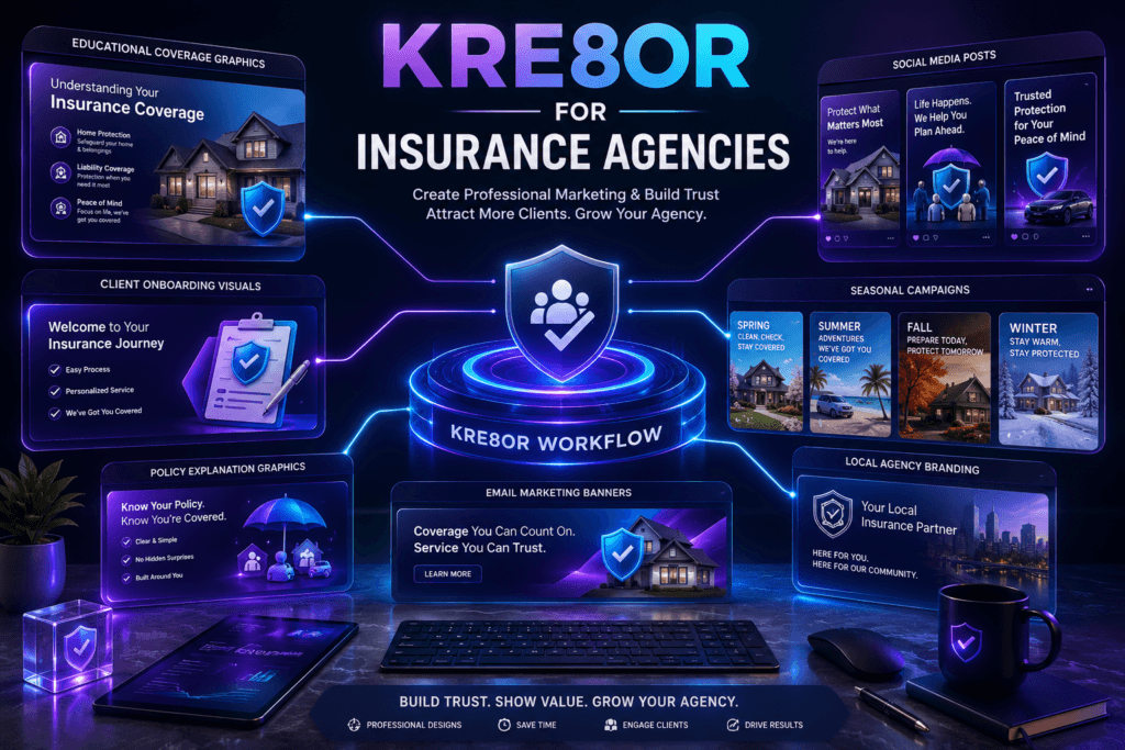 Professional insurance agency marketing graphics created with Kre8or showing educational visuals, social media content, campaign banners, client resources, and branded insurance marketing.