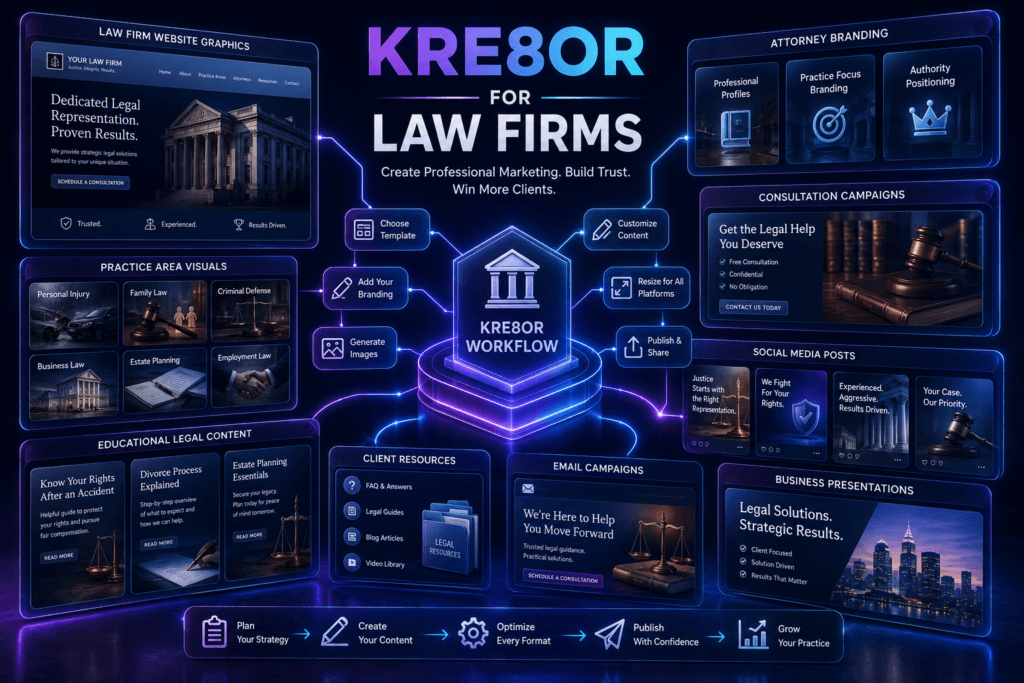 Professional law firm marketing graphics created with Kre8or showing legal website visuals, practice-area graphics, educational content, social media posts, and branded campaigns.