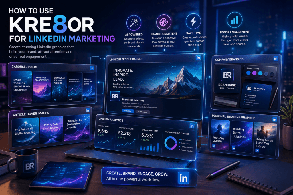 Professional LinkedIn marketing graphics created with Kre8or showing AI-generated business banners, carousel posts, article cover images, company branding, and social media content.