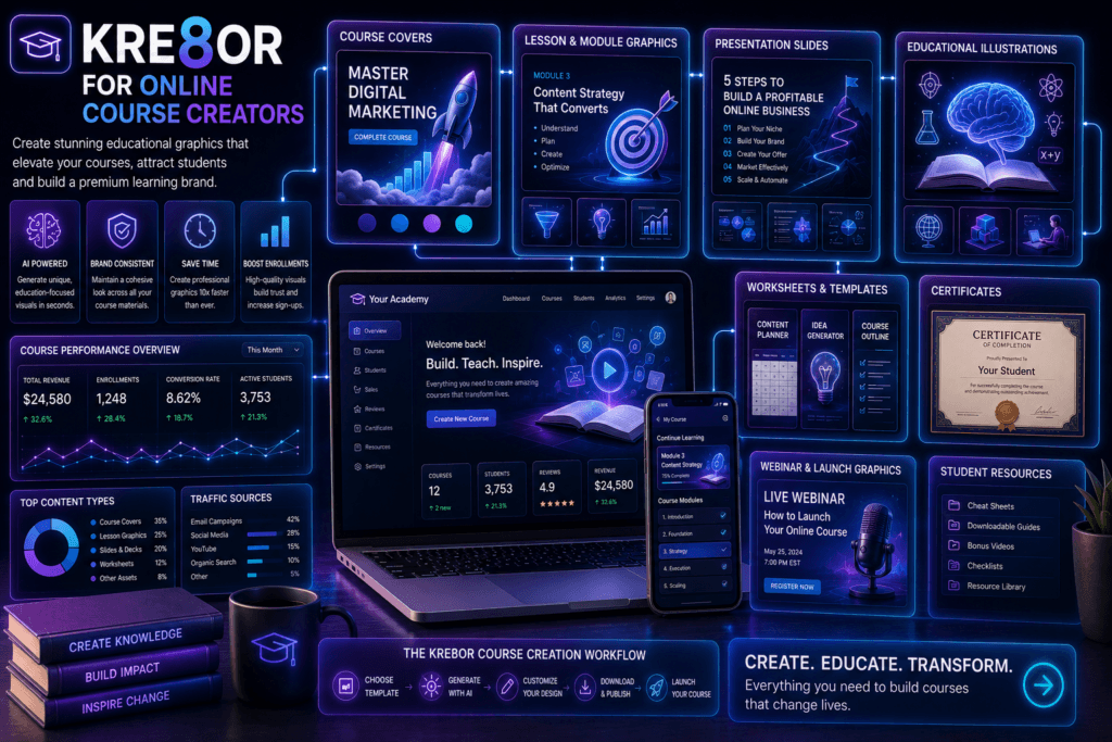 Online course graphics created with Kre8or showing course covers, lesson illustrations, presentation visuals, worksheets, and launch campaign assets.