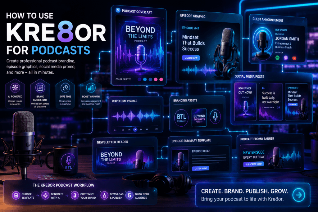 Professional podcast branding created with Kre8or showing AI-generated cover art, episode graphics, guest announcements, and social media promotion.