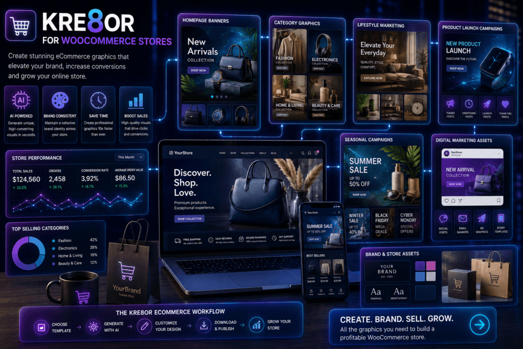 WooCommerce store graphics created with Kre8or showing homepage banners, category visuals, lifestyle images, product promotions, and branded eCommerce content.