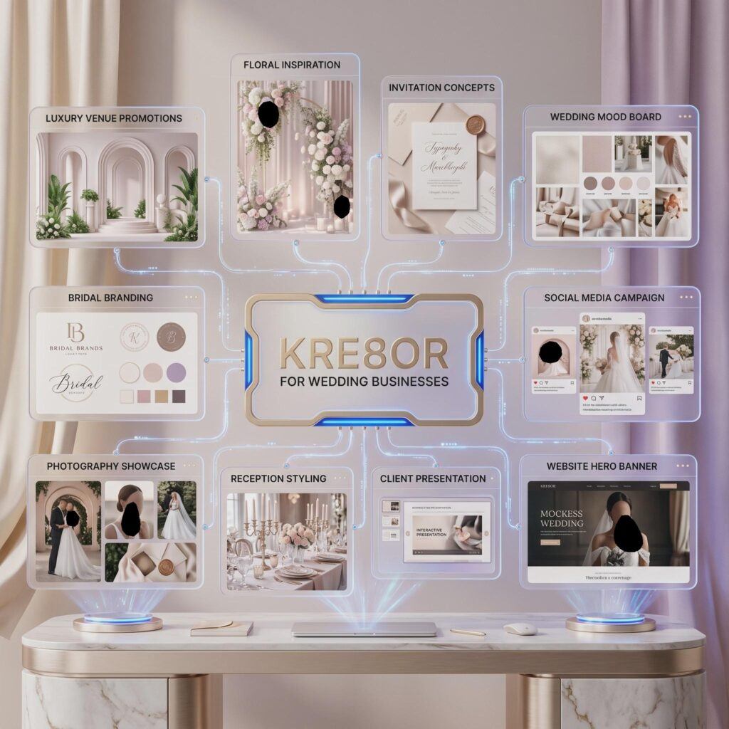 Luxury wedding marketing graphics created with Kre8or including wedding branding, venue promotions, mood boards, social media campaigns, client presentations, and elegant website banners.
